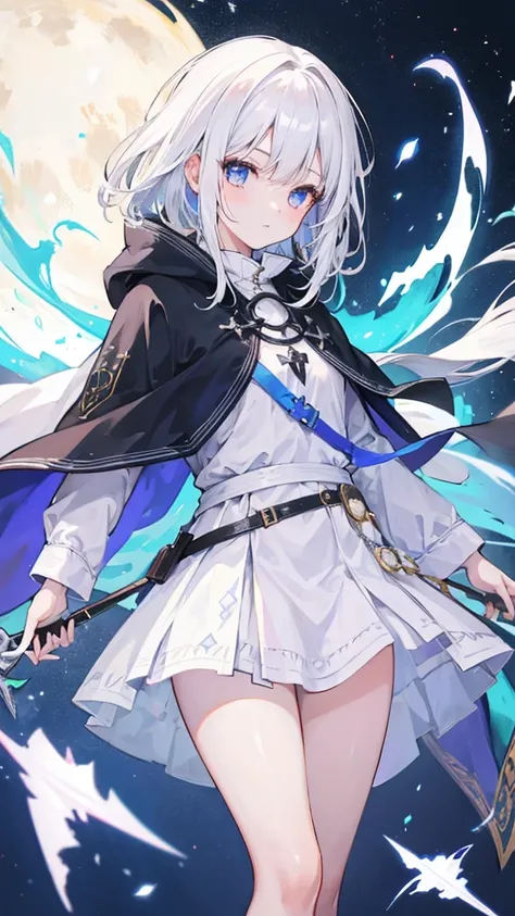 1 girl, mage, white hair, cloak, skirt