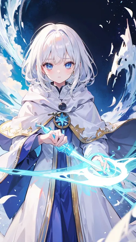 1 girl, mage, white hair, cloak, skirt