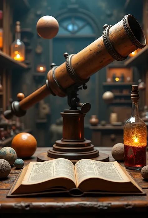 iorama page, amazing quality, masterpiece, best quality, hyper detailed, ultra detailed, UHD, perfect anatomy, portrait, dof, hyper-realism, majestic, awesome, inspiring, Diorama, Create a diorama of the laboratory of an astronomer from the Middle Ages, a ...