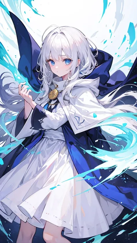 1 girl, mage, white hair, cloak, skirt, long hair