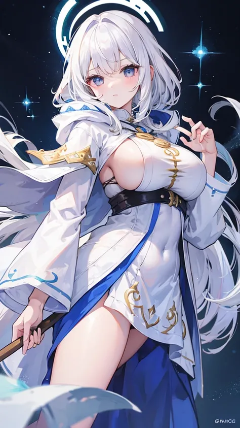 1 girl, mage, white hair, cloak, skirt, long hair, big boob