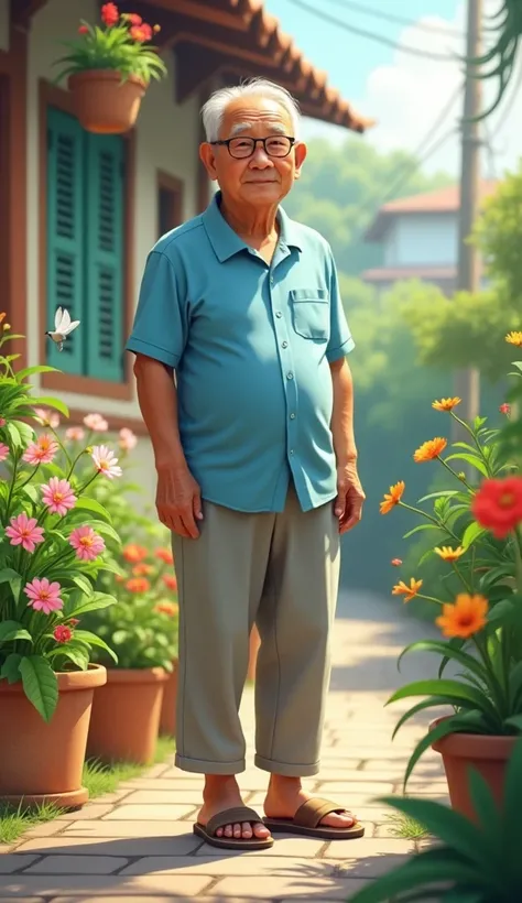 Mr. Tu is an old man over 60 years old., skinny, dark skin, short neat silver hair. He wore a light blue short-sleeved shirt., light gray khaki pants, brown rubber sandals. His face was full of wrinkles but gentle and cheerful..Meeting Mrs. Ba and Mr. Tu, ...