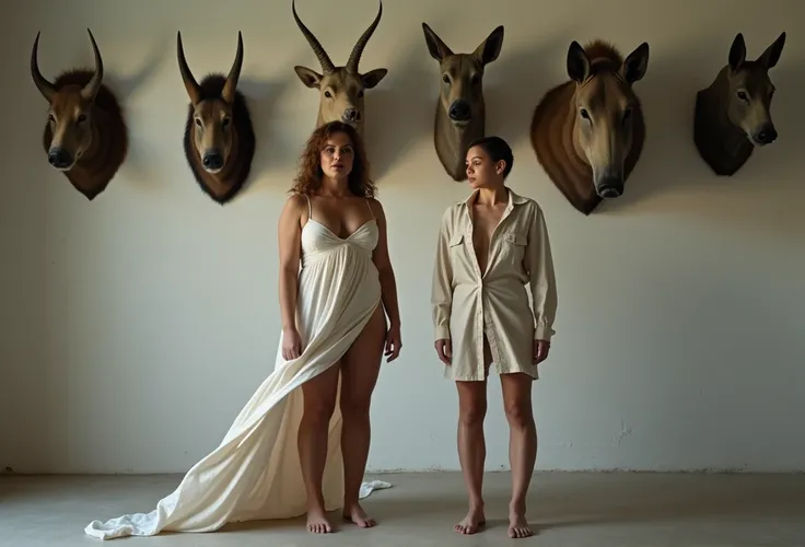 two women against a blank wall,  the first one is 45 years old, full figured with a wide face and light brown hair, takes off his dress, naked body under a dress, крупная beautiful breasts, Underpants down , the second one is a brunette with a narrow face,...