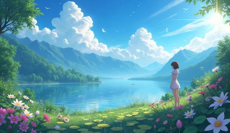 Masterpiece artwork, caprichosa, Fantastic anime landscape, dreamlike, wide sight, flowers, fairies, Lightweight joints, rays of sunlight, extravagant, astral, Peace, Crystal, bet, moutain, lake, naturals, garden overlooking the landscape, Fluttering, moo...