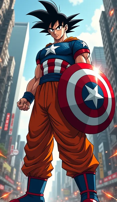 Son Goku from Dragon Ball Z reimagined as Captain America, comic book style, vibrant colors, dynamic pose, shield in hand, superhero costume, urban city background, dramatic lighting effects, iconic poses, highly detailed, energetic composition --s 150 --a...