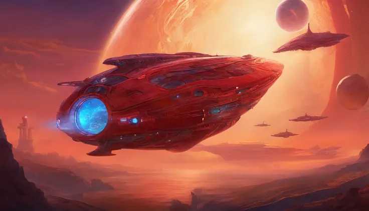 A starship Steampunk style,very intricate red details, aesthetic.The ship is adorned + purple royalistic ambiance, gears, levers, exact patterns, contrasting + its metallic gold body.Background has stars, ships, & gigantic Earth-type planet.750k UHD 4D. St...