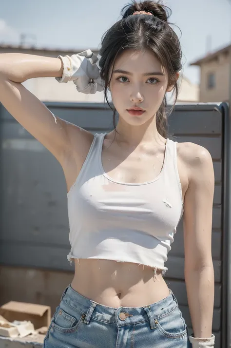 (((best quality))), (((ultra detailed))), (((masterpiece))), illustration,((a beautiful girl,solo)),(short ponytail:1.2),(flushed cheeks:1.3),((sweat,wet)),((slim,thin)),((small breasts,flat chest)), (dirty torn white tank top:1.3),(navel:1.2),(tattered je...