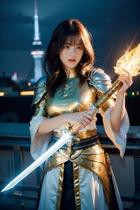 (masterpiece, best quality), A paladin holding a light infused sword, light magic, divine, magewave, silver and gold, 4k, dark cityscape, Fujifilm