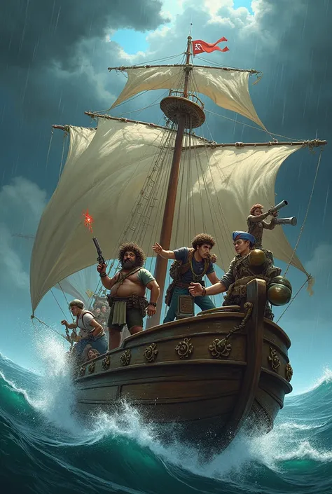 A big pirate boat, has 5 people on it, 1 male wearing veterans dress, has gun, curly hair and strong, one male wearing chef dress, looks like chubby, one male wearing t-shirts , looks like thin and sporty, one male got many moustache and has a big gourd on...