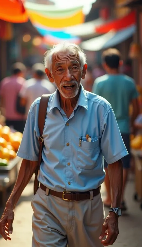 Mr. Tu is an old man over 60 years old., skinny, dark skin, short neat silver hair. He wore a light blue short-sleeved shirt., light gray khaki pants, brown rubber sandals. His face was full of wrinkles but gentle and cheerful..The Shoe Lost In A Hurry, Mr...