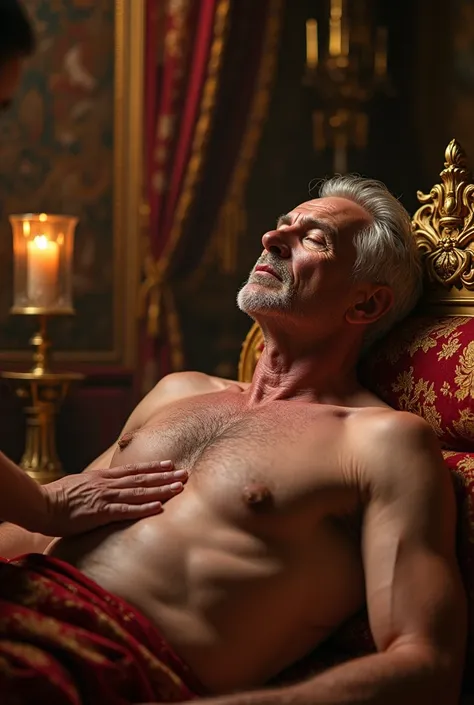 Create an illustration of a king in his fifties, naked., She is being massaged on her chest while lying on the bed.