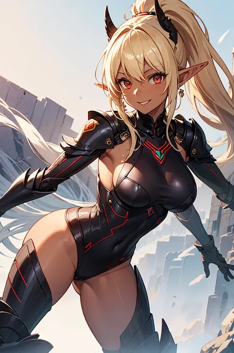 Beautiful images,Detailed Images,Official image,(Background of the base),One Woman,Blonde,Red Eyes,Ponytail Hair,Model body type,(Dark Skin:1.3),Elf Ears,Large Breasts,(Bioarmor:1.3),Smile small,