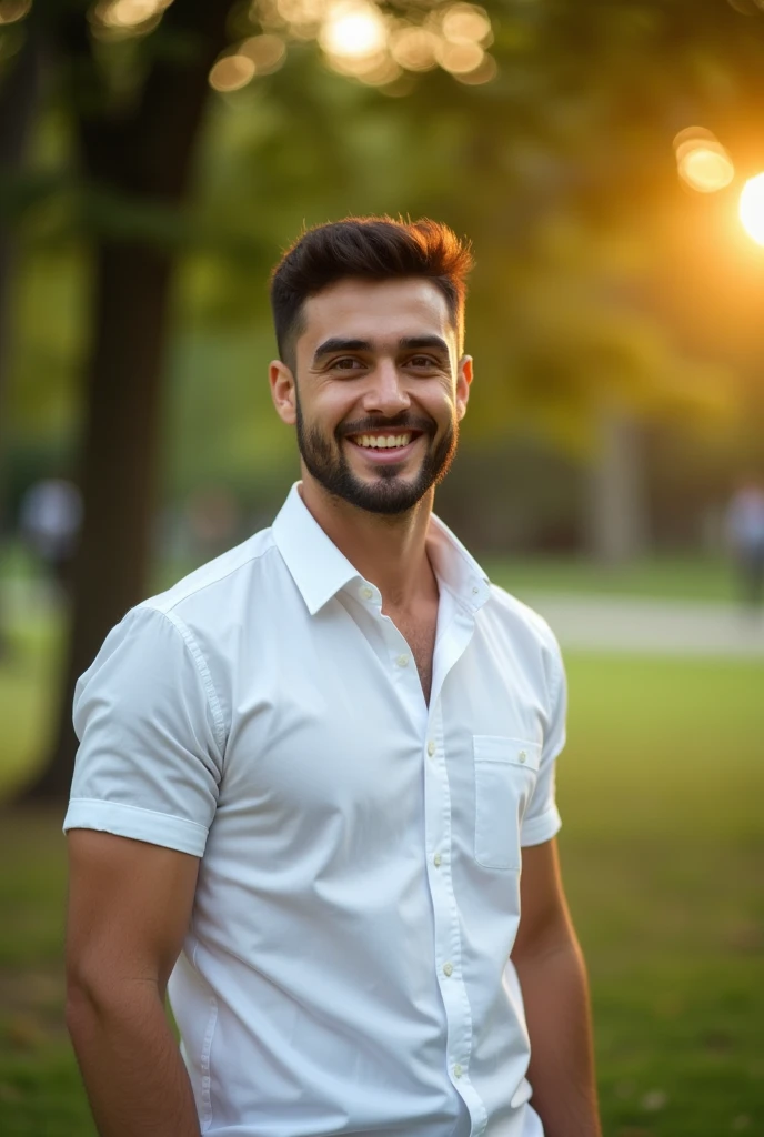 A young man standing alone, no one with him, smiling, handsome, wearing a white shirt and has a beard thats not too long. 