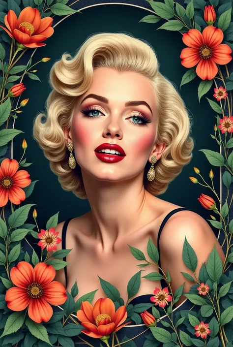 Marylin Monroe, estilo vintage , Hyperdetailed botanical liter, Desenhista de linha, digital illustation, tinta pesada, Maximalist botany, A beautiful and aesthetically pleasing illustrative masterpiece, Post-editing of Topaz AI