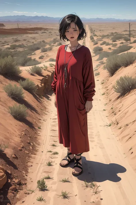 1 girl, tanned, wearing rag clothes, in the middle of the desert, fullbody shot, desert view, standing, crying, 