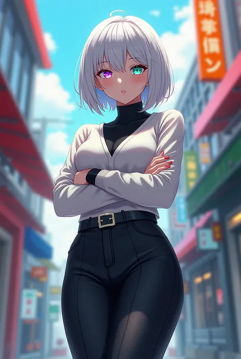 anime style, young adult woman, with the right eye blue and the left eye green, short white hair.
The figure is in a standing posture, with arms crossed over the chest. The body proportions are exaggerated, especially in the hips(narrow) and the thighs(wid...