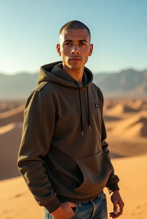 Create a realistic photo of a young man of Moroccan nationality with a gaunt face, a shaved head, and black eyes., portant un sweat-shirt à capuche et un jean. Il a un air déterminé et regarde vers lhorizon de corpulence moyenne et grand 