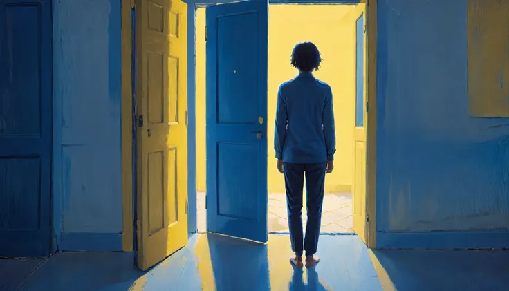 score_9, score_8_up, score_7_up,vncnt style, artwork of a person standing in front of an open door, yellow and blue light contra...