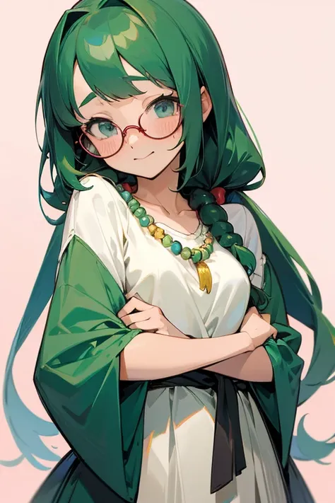 Anime girl
Bead necklace, wear glasses, simple background, Embarrassed, A thin smile., chest, chest, Front horsetail, full bangs, high resolution, Masterpiece, 