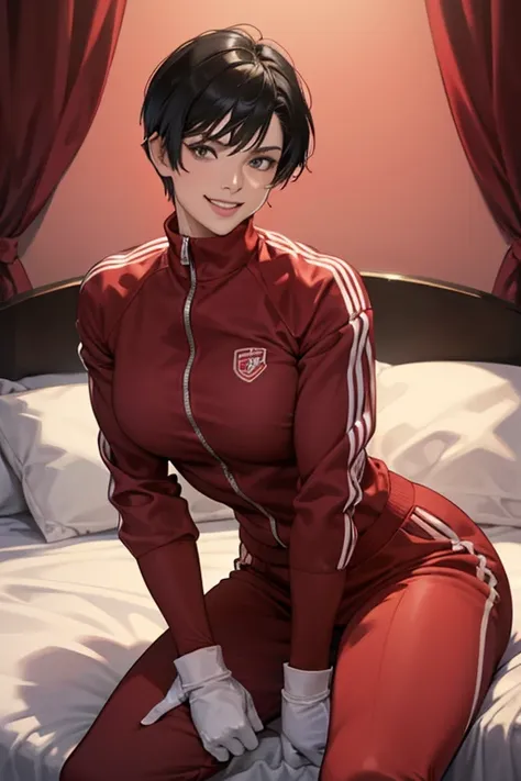 A muscular mature woman with short black hair, wearing a red long-sleeved tracksuit and large pink rubber gloves, is sitting on a bed and smiling.　