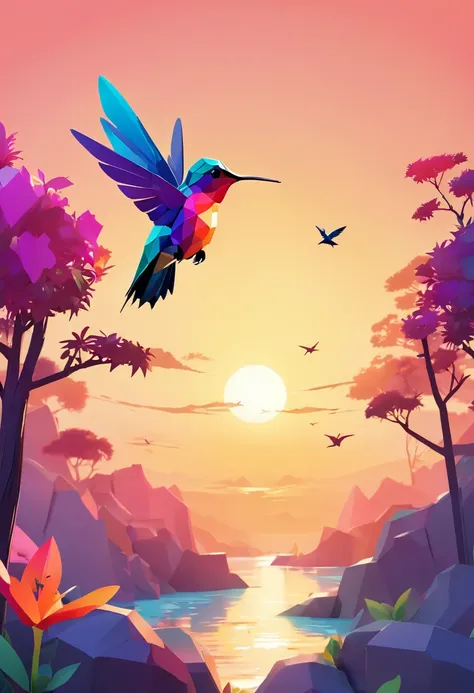 a silhouette design of a HUMMING BIRD, sunset design, 3D art, cute and quirky, bright bold colorful., watercolor effect, , digitalpainting, low poly, Aerial view, Isometric style, character-focused, 4K resolution, Photorealistic rendering, using Cinema 4D,...