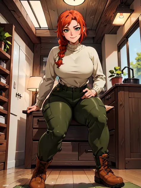 (best quality,4k,8k,highres,masterpiece:1.2),ultra-detailed,realistic:1.37,portrait, very sexy   girl lesbian redhead, braided hair, beautiful green eye, seductive, warm sweater,  camouflage pants, army boots, sandy smiling, cozy lighting, vibrant colors. ...