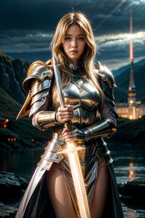 (masterpiece, best quality), A paladin holding a light-infused sword, light magic, divine, magewave, silver and gold, 4k, dark cityscape, Fujifilm