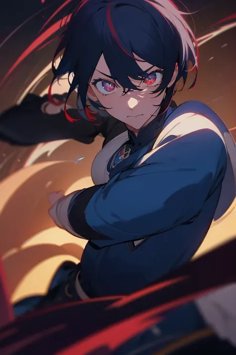 a handsome anime boy with  detailed heterochromic blue and red eyes, short black hair,  facial features,  details, beautiful defined jawline, striking expression, dynamic pose, detailed clothing, intricate background, cinematic lighting, vibrant colors, di...