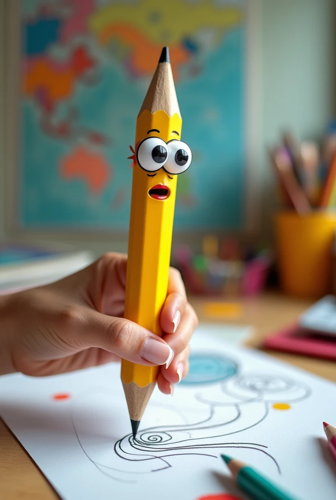 Pencil with the googly eyes . Hand holding the pencil. Draw use the pencil