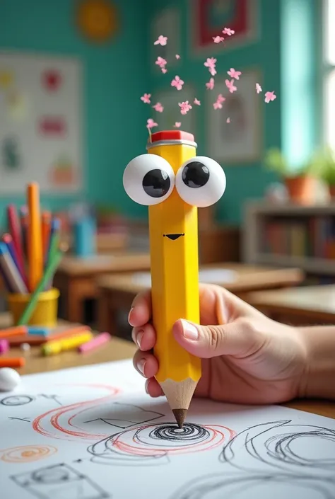 Pencil with the googly eyes . Hand holding the pencil. Draw use the pencil