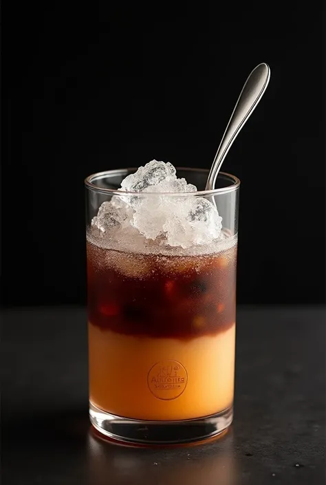 Glass cup, sago and gulaman on the bottom, crushed ice on top, spoon sticking in the ingredients, logo, simple and realistic, colors are brown black
