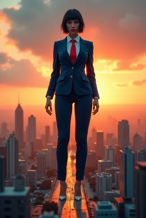 Giant&#39;s Art, Highly detailed Giant shot, Giant, short hair, A women who is much bigger than a skyscraper, big breasts, BIG ASS, navy blue blazer and pants, red tie, barefoot, Showing the soles of the feet, very small metropolis, miniature metropolis, c...