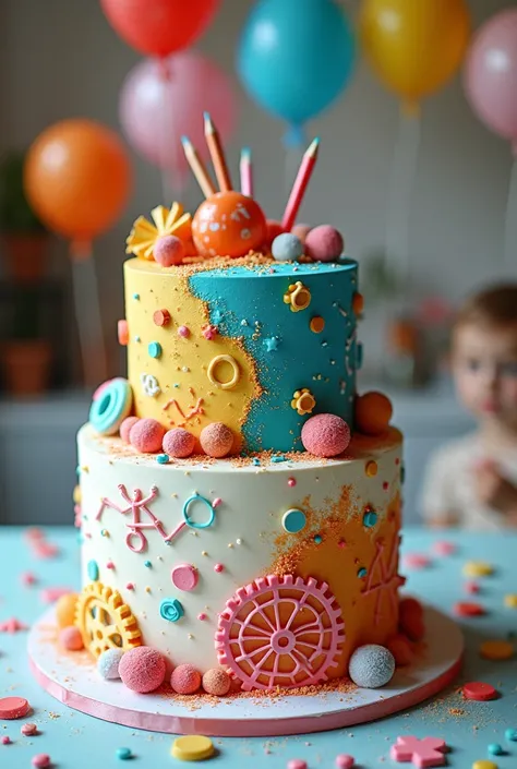  small cake of one floor divided between the themes: science technology engineering arts and mathematics and decorated with candies
