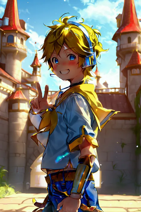 1 boy, (male child), 10 year old, (kagamine len), cute, cowboy shot, earphone, sailor uniform, collar tie, shorts, grin, happily...