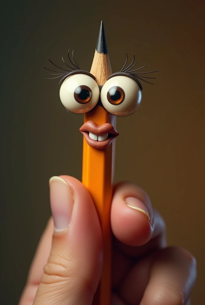 pencil with googly eyes,hand holding pencil with eraser,detailed pencil drawing,hyperrealistic,highly detailed,photorealistic,intricate,masterpiece,digital art,studio lighting,sharp focus,realistic shadows,dynamic composition,warm color palette