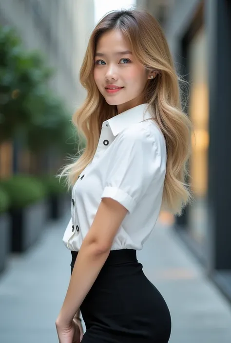 Half Thai and Japanese girl 18 year old , Nisit outfit , white short sleeve slim fit shirt , big silver buttons , ฺฺBlack Stretch Spandex Bodycon Mini Pencil Skirt Slim Tube Tight Hip Mini Skirt , hyper realistic , Long blonde hair blue eye , focus on face...