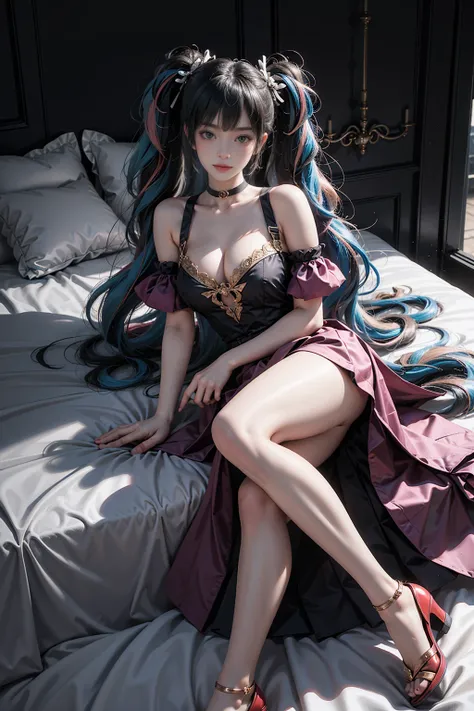 harley quinn,twintails（(girl lying in bed))、a beautiful and moving woman, in an elegant pose, her full breasts on display.，visib...