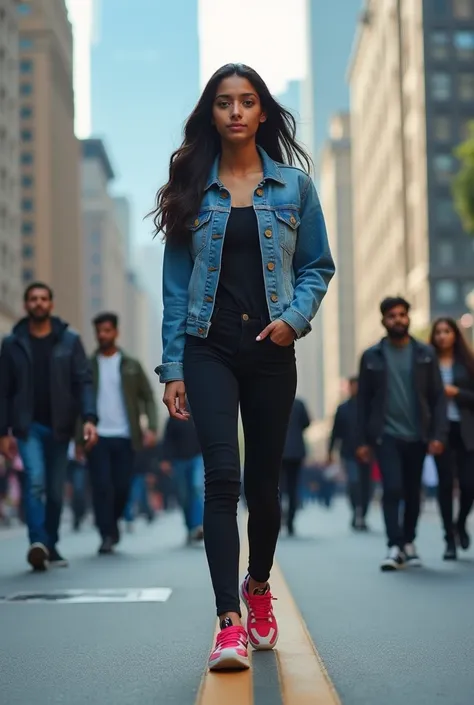 "Generate an image of a young Indian woman walking down a city street. She should be dressed in modern, casual attire and appear confident and composed. Surrounding her, include several men who are looking at her with inappropriate or unsettling intentions...