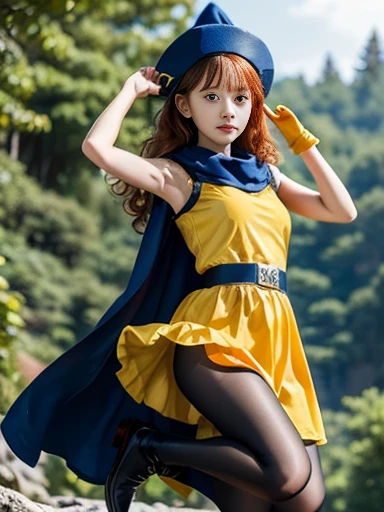 1 person,alone,DQ4 Arena,Upper Body,Black Pantyhose,Blue Cape,Blue hat,boots,Curly Hair,Earrings,Long Hair,Orange gloves,Orange Hair,Red eyes,Sleeveless,Yellow Dress,Yellow Skirt,Dynamic pose,Small breasts,(Shiny,Shiny dress:1.1)Jumping,V-shaped eyebrows,G...