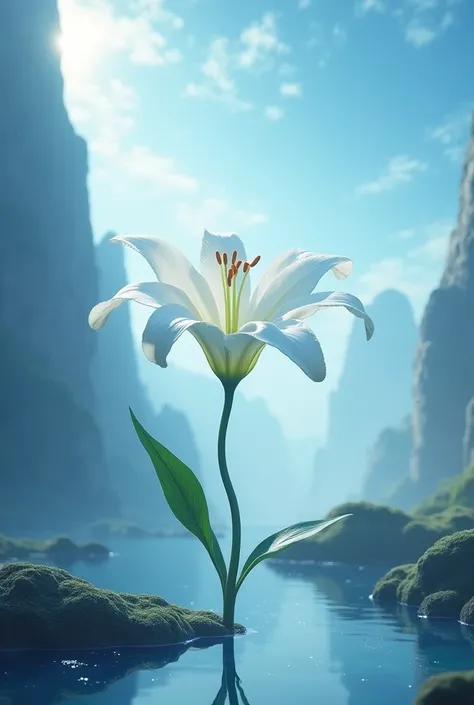 Fantasy landscape where a white lily flower predominates in the middle of the image.
Warm and soft lights.
In an environment of blue hues.