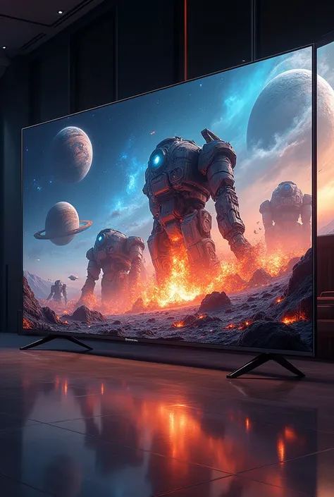 A large LCD TV with side panels，The background is the scene of the universe，There are large planets and nebulae，The TV screen shows scenes of future machine wars，One rushed out from inside.，Some flames and explosions，3D Rendering，Ultra-high quality，Ultra-h...