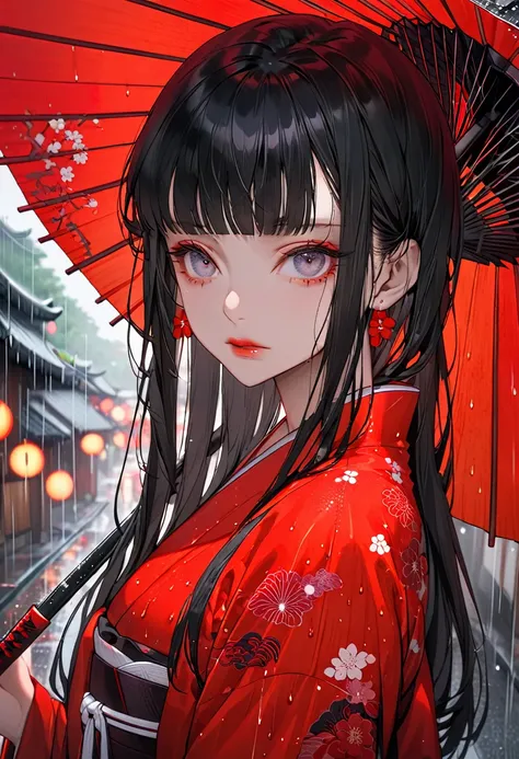 The background is Kyoto on a rainy day，(Highest quality,Very detailed,High resolution:1.2),beautiful girl，Black long hair,Black hair bangs，very_Long eyelashes, Detailed lips, Cool look, Soft Skin, Shiny Hair,Exquisite makeup,A sad and poignant piece,holdin...