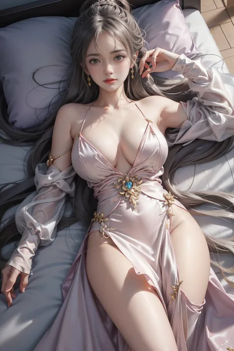 luotianyi（(Girl lying in bed))、A beautiful and moving woman, in an elegant pose, her full breasts on display.，Visible cleavage，Sexy long legs，Variety of slim and cute beauties, Her long hair cascades down her shoulders like a waterfall。She smiles radiantly...