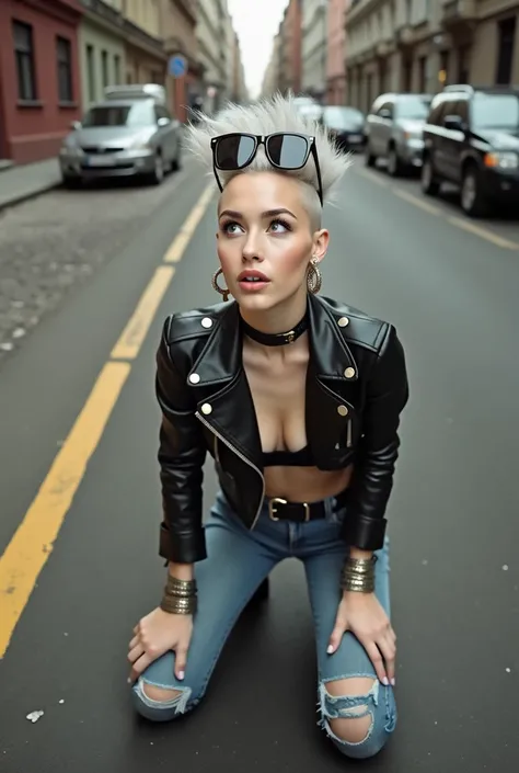 russian milf woman, grey hair (pompadour with shaved sides)!and sunglasses as headband (big maxi glasses), with very light blue eyes, extremely pale. Wearing cropped black moto jacket, black bra, skinny dark blue jeans with worn and dirty knees,  and point...