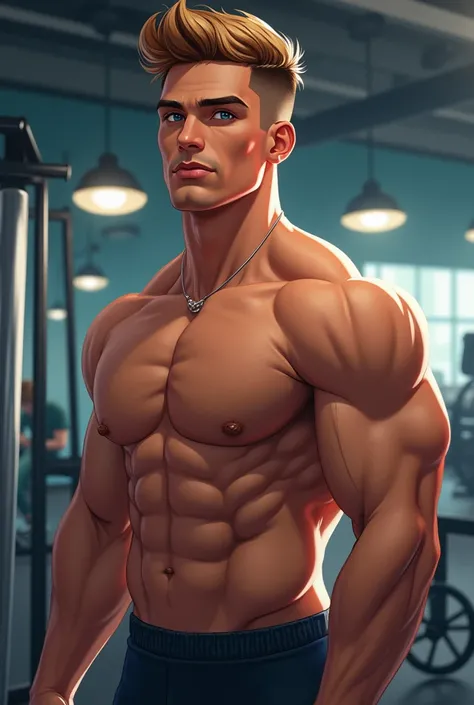 Photorealistic illustration of a 22-year-old man, clean-shaven with short, tanned hair, a goatee, athletic physique in his twenties, charming gaze in the gym.