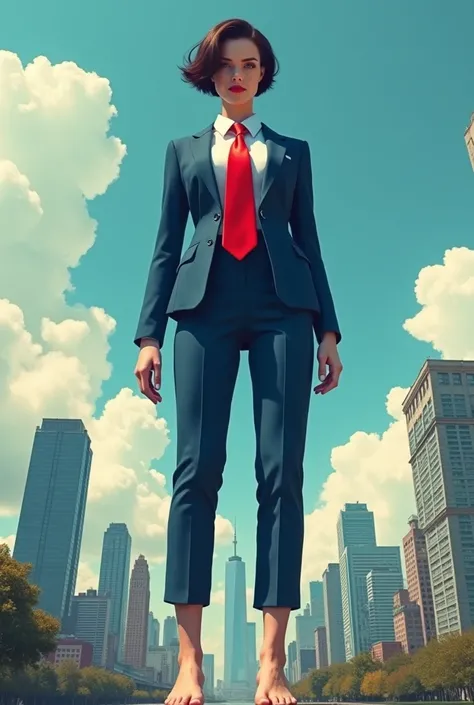 Giant&#39;s Art, Highly detailed Giant shot, Giant, short hair, A women who is much bigger than a skyscraper, big breasts, BIG ASS, navy blue blazer and pants, large red tie, barefoot, Showing the soles of the feet, very small metropolis, miniature metropo...