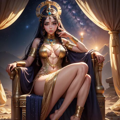 A goddess on a thrown, egyptian clothes, barefoot, a dominant gaze, revealing beautiful seethrough dress, beautiful stary background