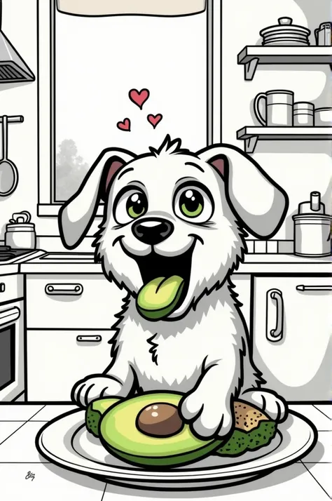 Comic style monochrome simple dog eating avocado