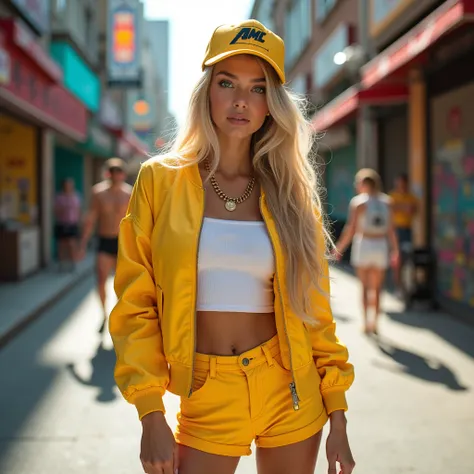 Blonde Hair,Long Hair,Thighs,barefoot,Green Eyes,Girl,cute,An inviting look,Sexy atmosphere,Bomber jacket,yellow jacket,Shorts,Yellow cap,white tube top shirt,Yellow Shoes