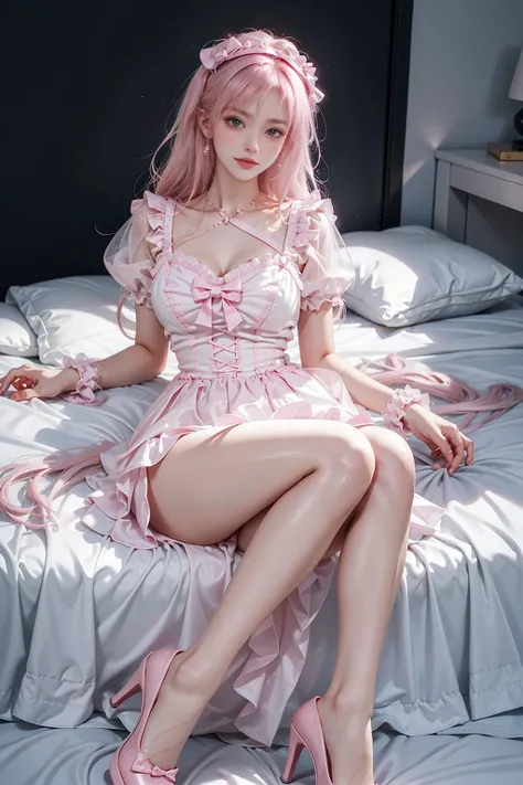 cyb dress, pink dress, frills, see-through short sleeves, wrist cuffs（(Girl lying in bed))、A beautiful and moving woman, in an elegant pose, her full breasts on display.，Visible cleavage，Sexy long legs，Variety of slim and cute beauties, Her long hair casca...